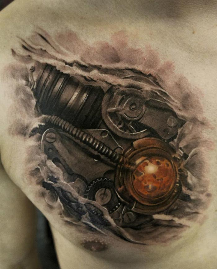 Tatouage biomecanique poitrine