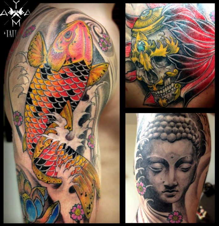 tatouage fleur carpe koi